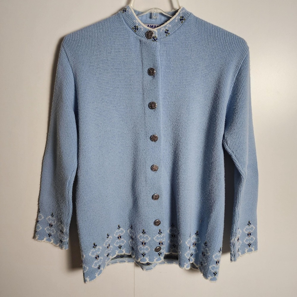 M/L woolen mills vintage light blue button up sweater by Amana size 40